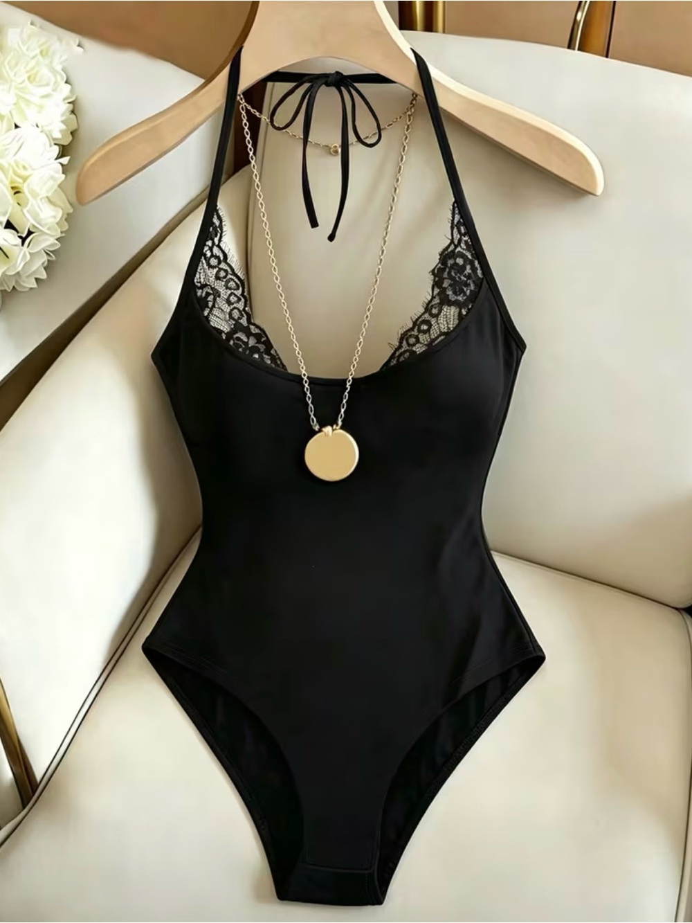 Elevated Chic Black Lace Trim Halter Bodysuit New Soft Stretchy